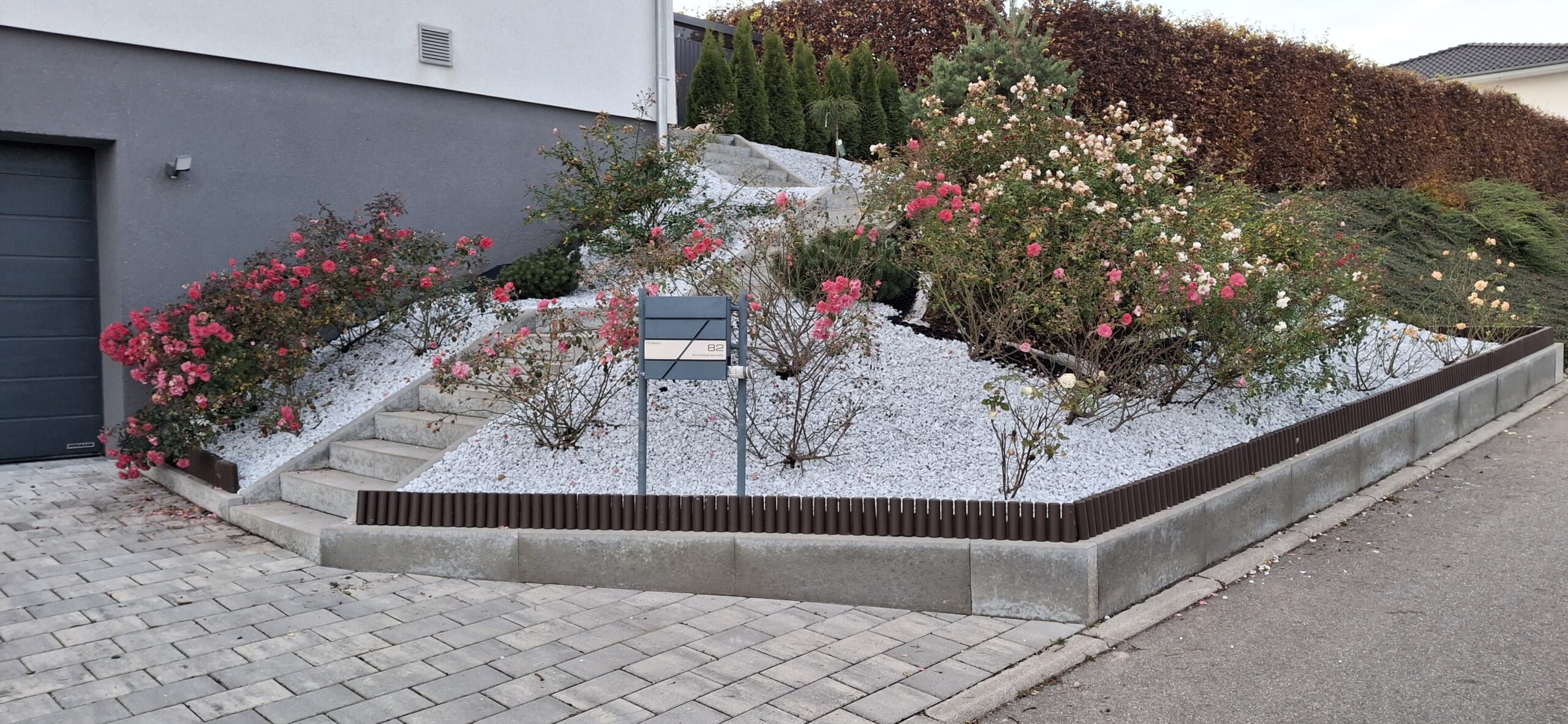 Gepflegter Vorgarten mit blühenden Rosen und stabiler Hangbefestigung.